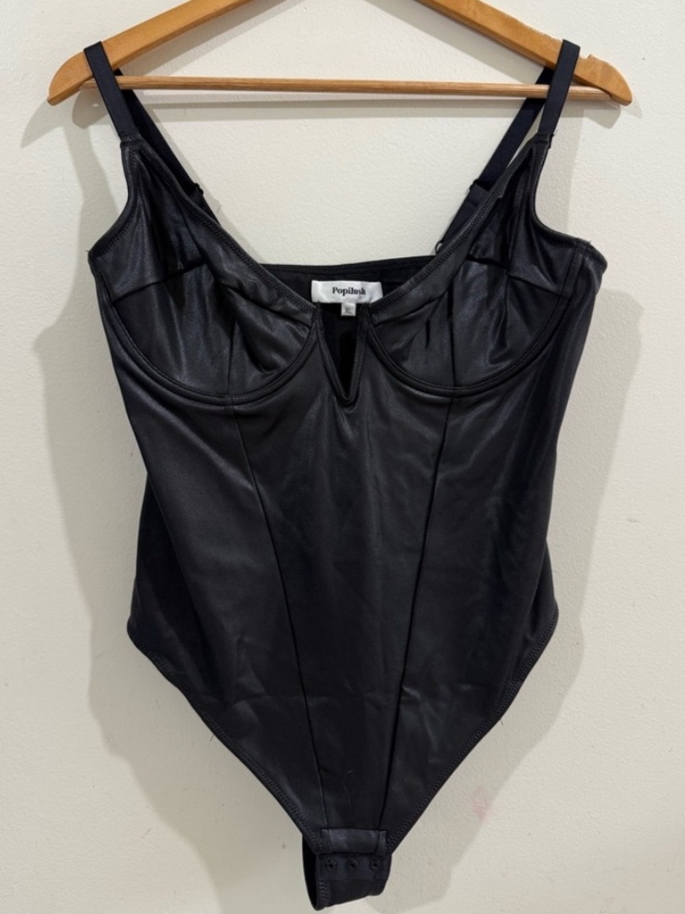 Poplinah Black Faux-Leather Structured Cup Bodysuit